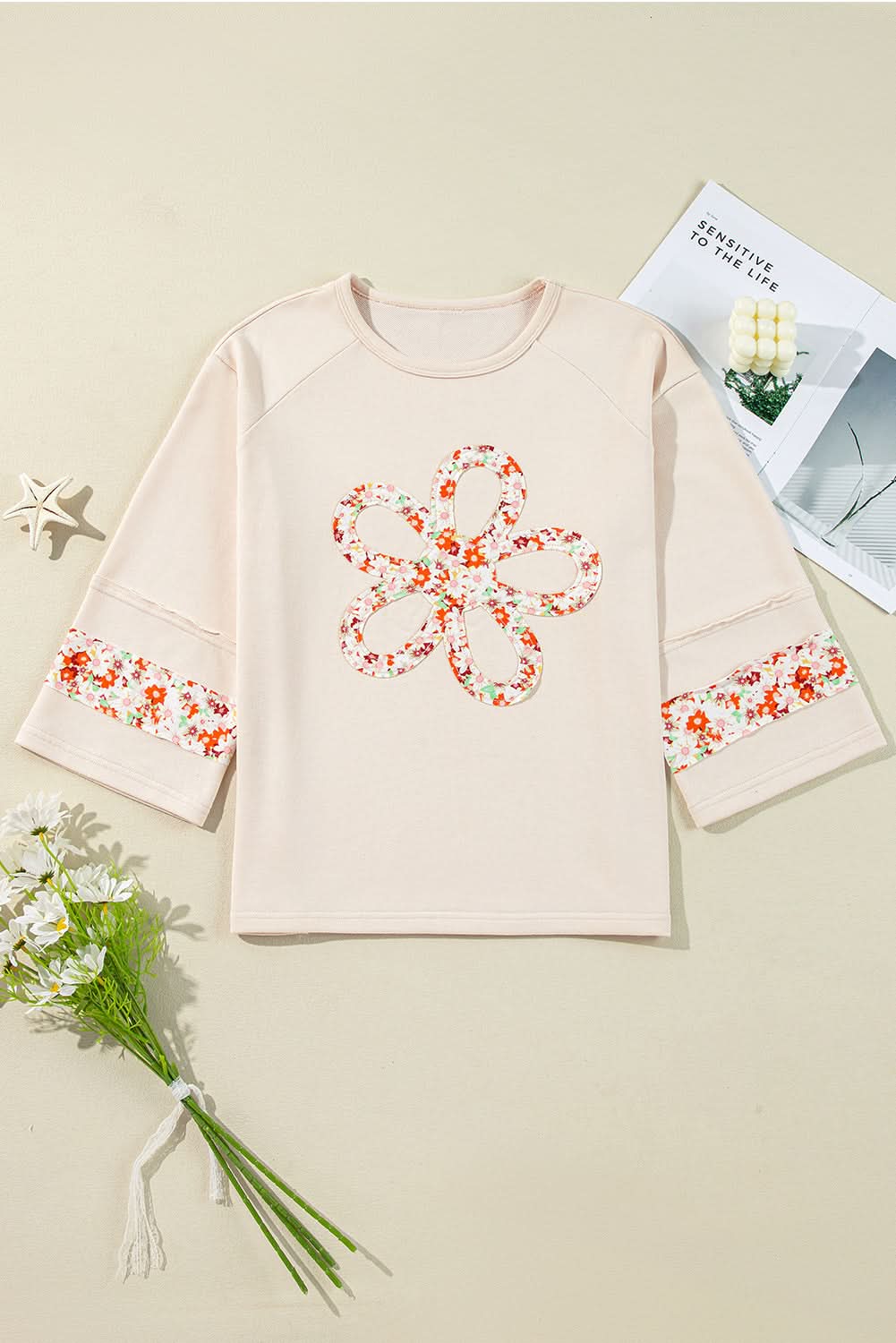 Beige floral wide sleeve top - Love Salve